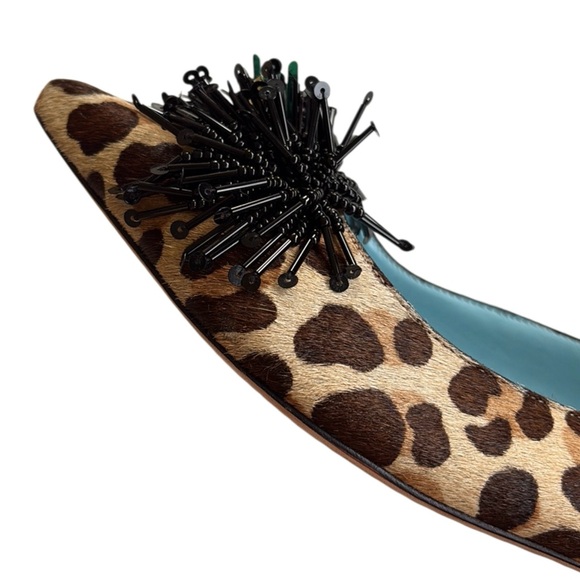 Frances Valentine Leopard Print Pointed Toe Flats with Black Beaded Pom - Picture 6 of 9